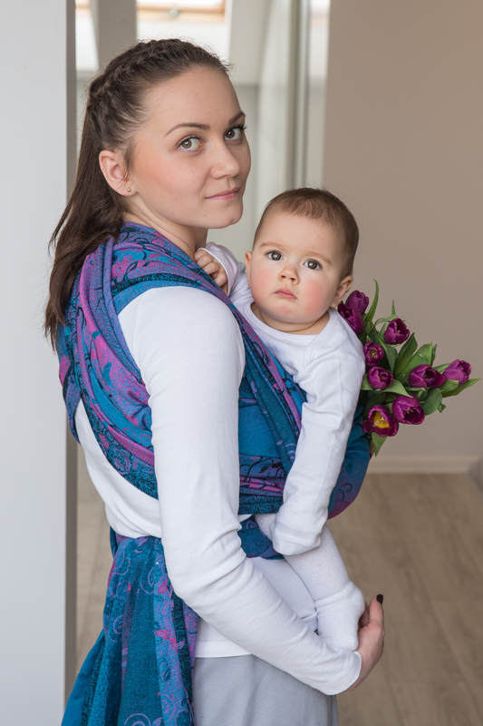 Żakardowa chusta do noszenia dzieci, bawełna - DRZEWO MARZEŃ BŁĘKIT Z RÓŻEM - rozmiar XS #babywearing