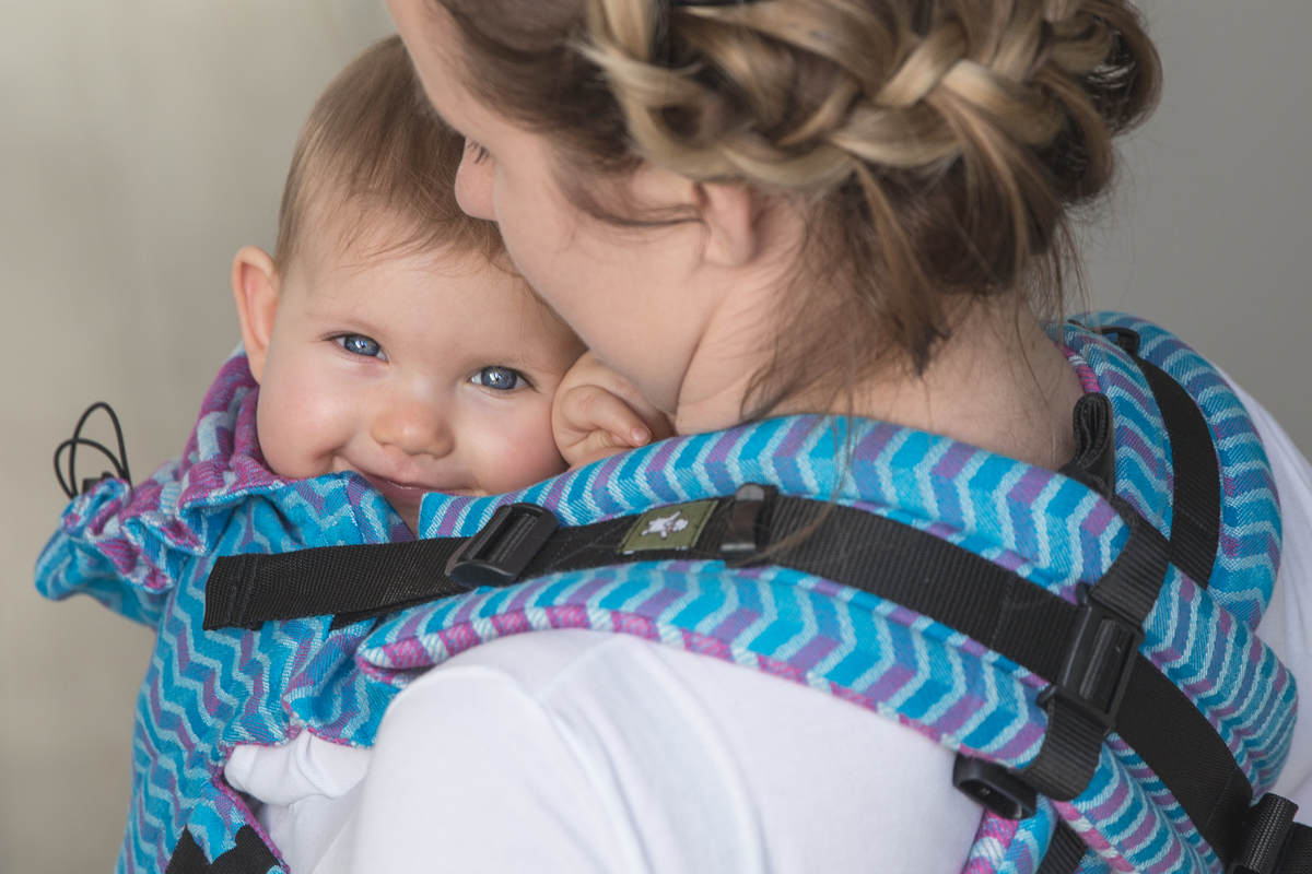 Mochila ergonómica, talla bebé, jacquard 100% algodón - ZIGZAG TURQUESA & ROSA - Segunda generación (grado B) #babywearing