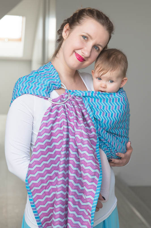 Żakardowa chusta kółkowa do noszenia dzieci, bawełna - ZigZag Turkus z Różem - long 2.1m (drugi gatunek) #babywearing