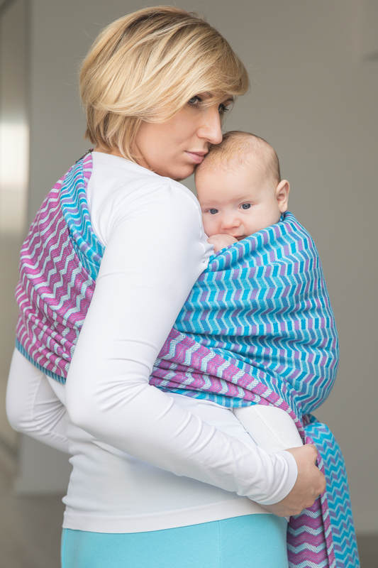 Żakardowa chusta do noszenia dzieci, 100% bawełna - ZIGZAG TURKUS Z RÓŻEM - rozmiar XL (drugi gatunek) #babywearing