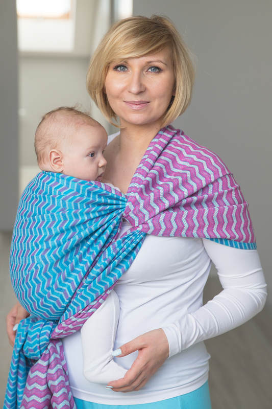 Żakardowa chusta do noszenia dzieci, 100% bawełna - ZIGZAG TURKUS Z RÓŻEM - rozmiar S #babywearing