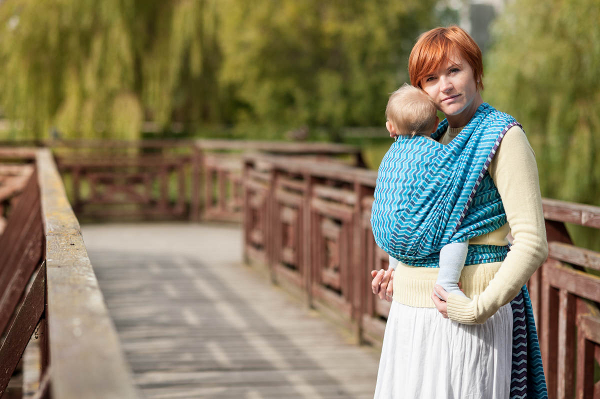 Żakardowa chusta do noszenia dzieci, 100% bawełna - ZIGZAG TURKUS Z PURPURĄ - rozmiar XS (drugi gatunek) #babywearing