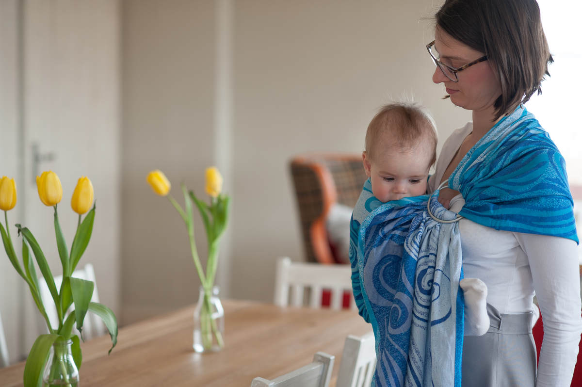 Żakardowa chusta kółkowa do noszenia dzieci, bawełna, ramię bez zakładek - NIEBIESKIE FALE 2.0 - long 2.1m #babywearing