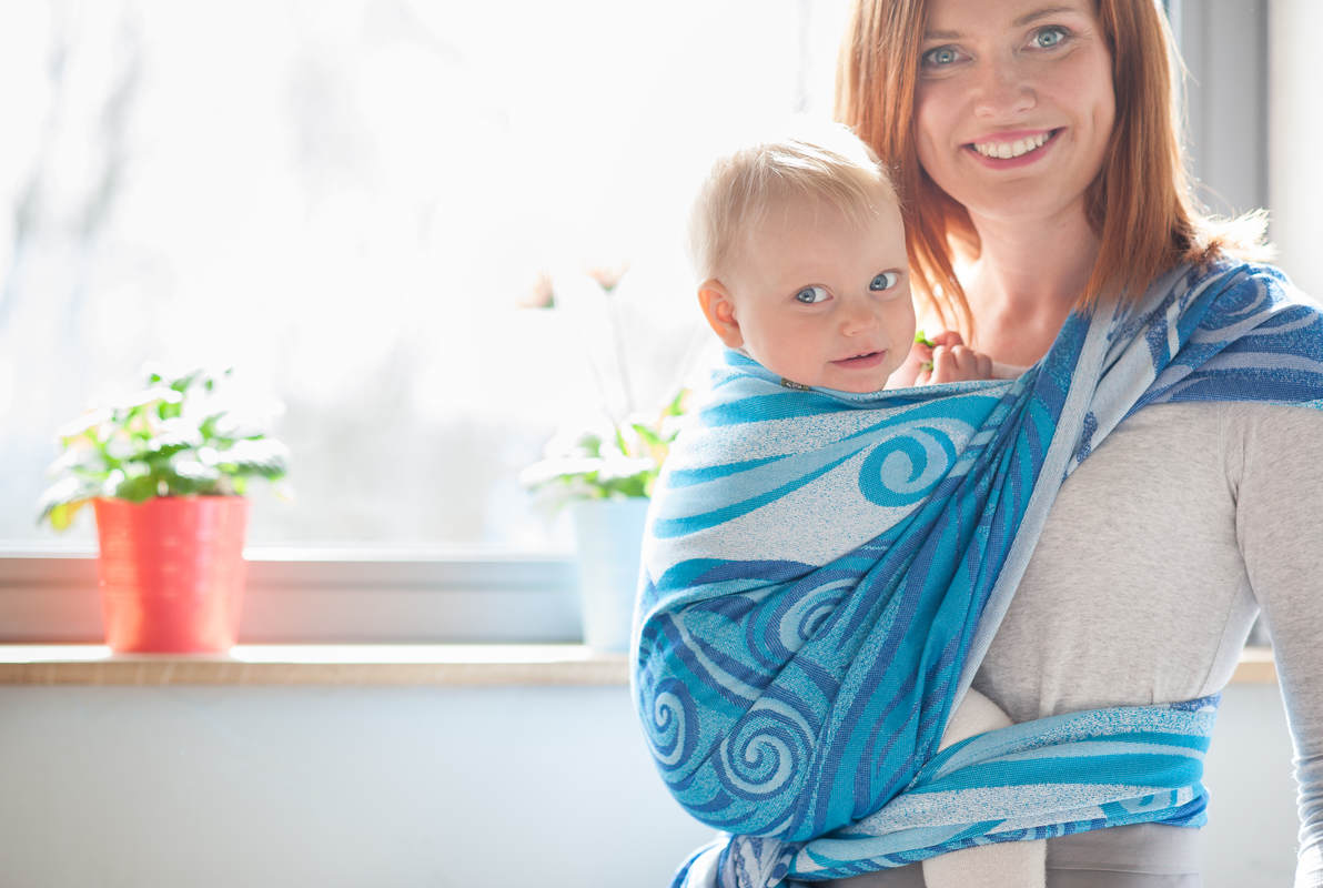 Baby Wrap, Jacquard Weave (100% cotton) - BLUE WAVES 2.0 - size XS #babywearing