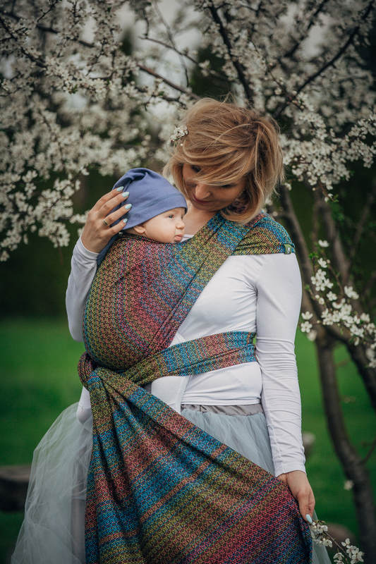 Żakardowa chusta do noszenia dzieci, 60% bawełna, 28% wełna merino, 8% jedwab, 4% kaszmir - LITTLE LOVE - ZACHWYT - rozmiar M #babywearing