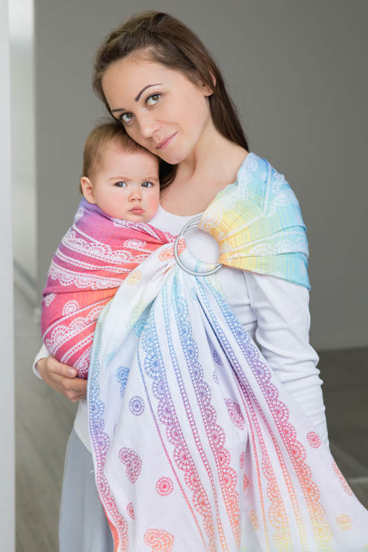 Żakardowa chusta kółkowa do noszenia dzieci, bawełna - TĘCZOWA KORONKA - long 2.1m #babywearing