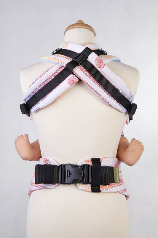 Nosidełko Ergonomiczne z tkaniny żakardowej 100% bawełna , Baby Size, TĘCZOWA KORONKA Rewers - Druga Generacja #babywearing