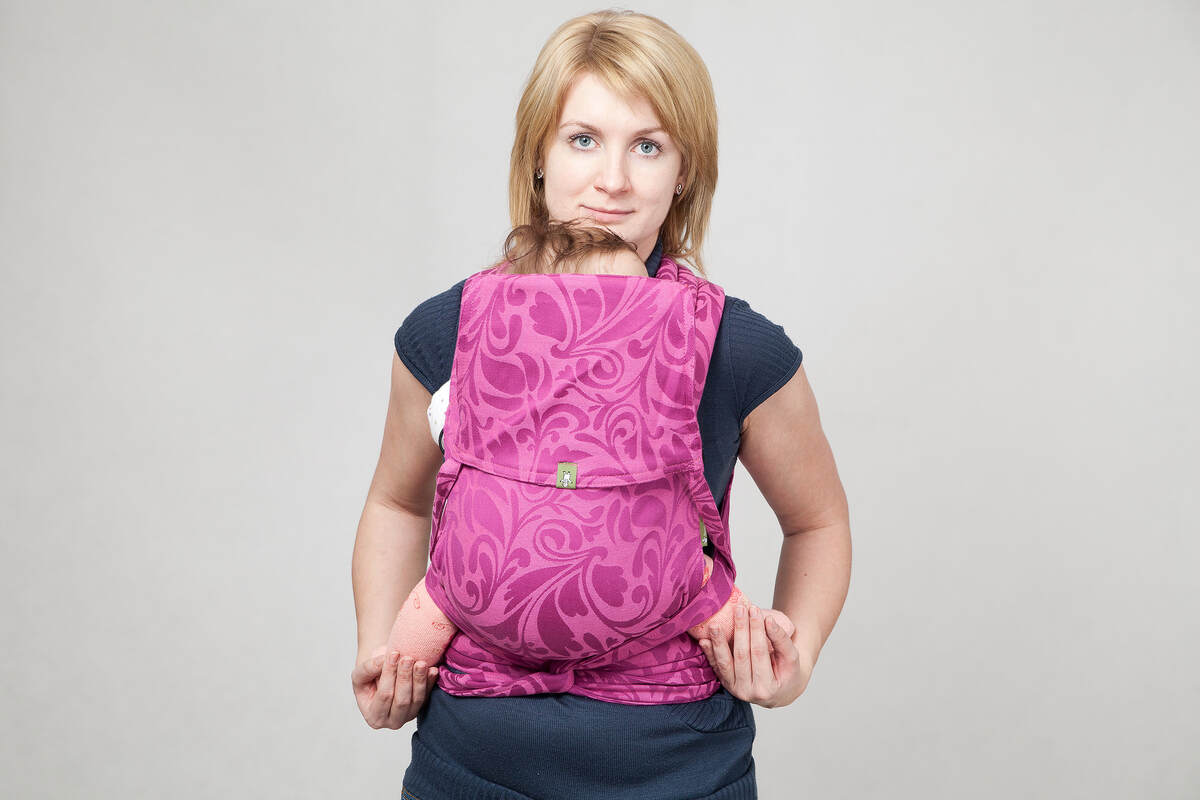 Nosidełko dla dzieci MEI-TAI MINI z kapturkiem, bawełna, splot żakardowy, Zakręcone Liście Puprurowy z Różem #babywearing