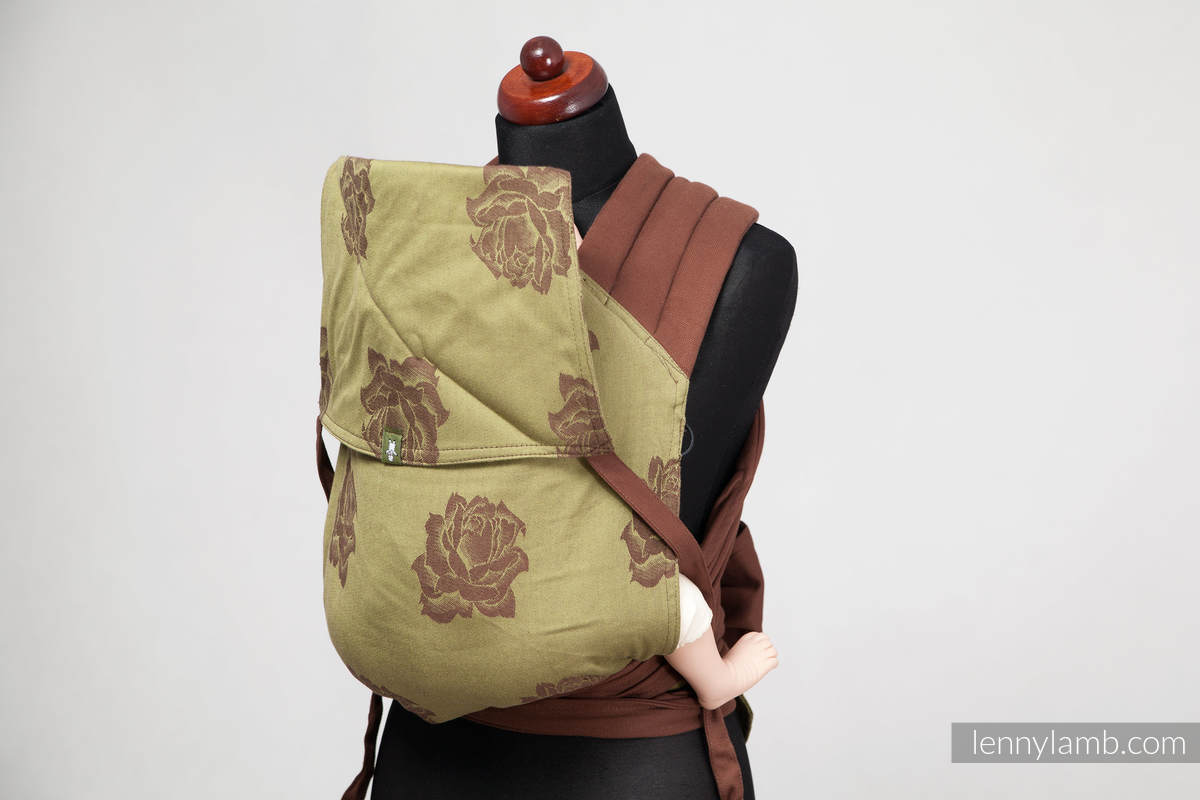 MEI-TAI carrier Toddler, broken-twill weave/jacquard - 100% cotton - with hood,Chestnut with Green&Brown Rose #babywearing