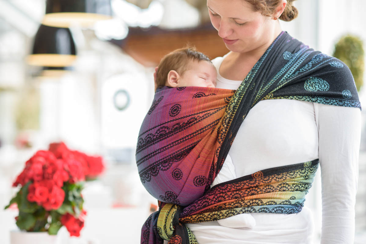 Żakardowa chusta do noszenia dzieci, bawełna - TĘCZOWA KORONKA DARK - rozmiar L #babywearing
