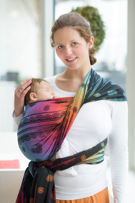 Żakardowa chusta do noszenia dzieci, bawełna - TĘCZOWA KORONKA  DARK- rozmiar XS #babywearing