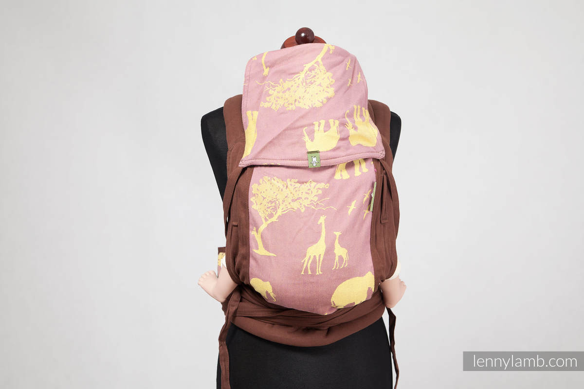 MEI-TAI carrier Toddler, broken-twill weave/jacquard - 100% cotton - with hood,Chestnut with Safari Violet&Yellow #babywearing