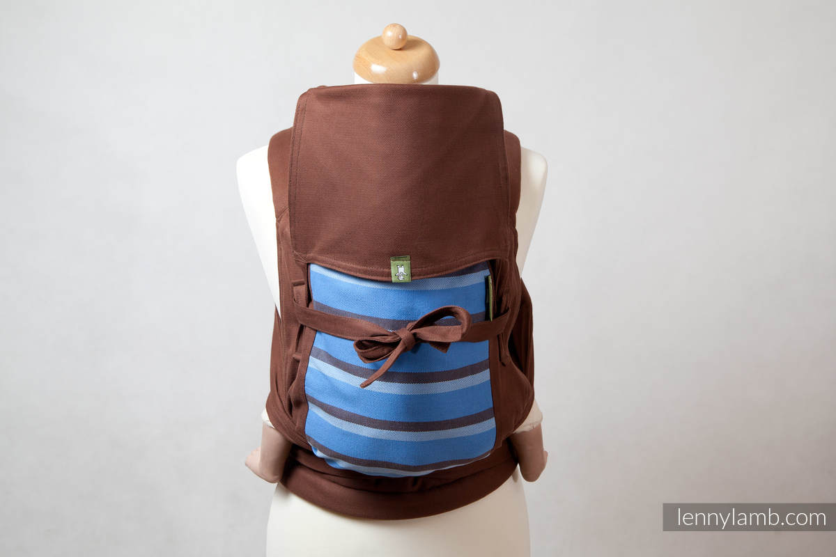 MEI-TAI carrier Toddler, broken-twill weave - 100% cotton - with hood, Chestnut & Blue Dhalia #babywearing