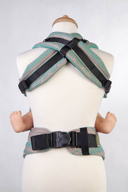 Nosidełko Ergonomiczne z tkaniny żakardowej 100% bawełna , Baby Size, PISTACJOWA KORONKA, Rewers #babywearing