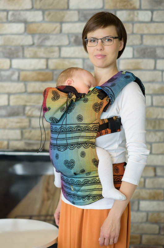Nosidełko Ergonomiczne z tkaniny żakardowej 100% bawełna , Baby Size, TĘCZOWA KORONKA DARK - Druga Generacja #babywearing