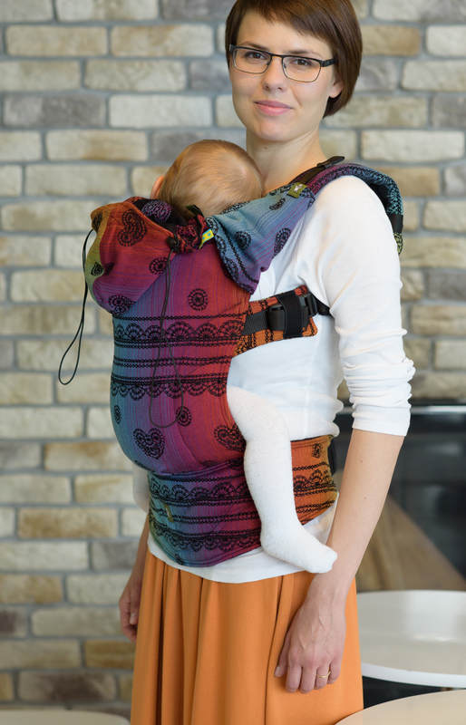 Nosidełko Ergonomiczne z tkaniny żakardowej 100% bawełna , Baby Size, TĘCZOWA KORONKA DARK - Druga Generacja #babywearing