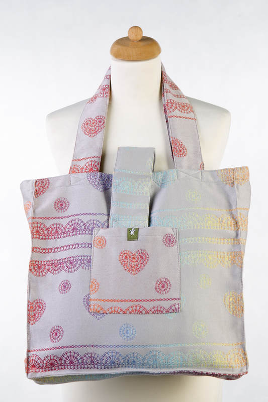 Torba na ramię z materiału chustowego, (100% bawełna) - SREBRZYSTA TĘCZOWA KORONKA REWERS - uniwersalny rozmiar 37cmx37cm #babywearing
