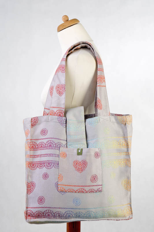 Torba na ramię z materiału chustowego, (100% bawełna) - SREBRZYSTA TĘCZOWA KORONKA REWERS - uniwersalny rozmiar 37cmx37cm #babywearing