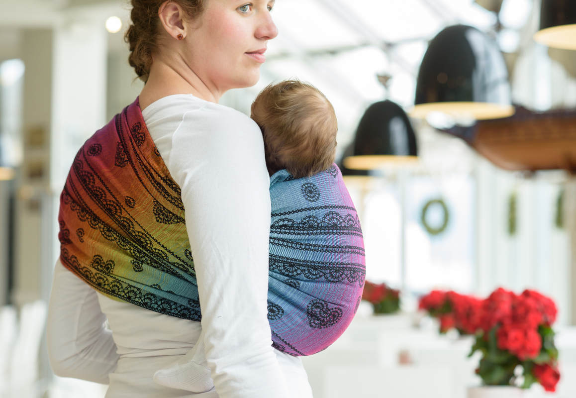 Żakardowa chusta kółkowa do noszenia dzieci, bawełna - TĘCZOWA KORONKA DARK - long 2.1m #babywearing
