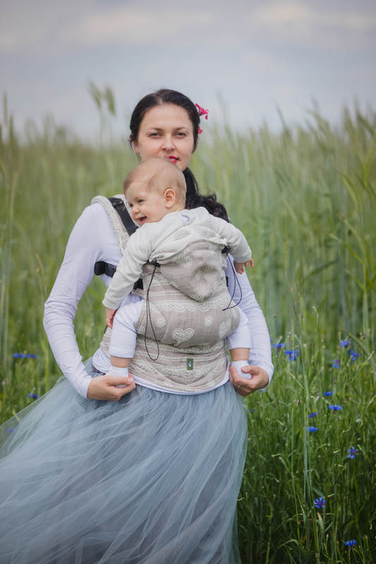 Nosidełko Ergonomiczne z tkaniny żakardowej 60% Bawełna 28% Len 12% Jedwab Tussah, Baby Size, PORCELANOWA KORONKA, Druga Generacja #babywearing