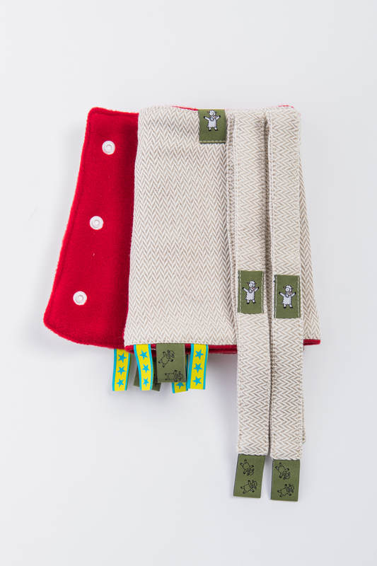Drool Pads & Reach Straps Set, (Outer fabric - 60% cotton, 40% linen; Lining - 100% polyester) - LITTLE HERRINGBONE NATURE RED #babywearing