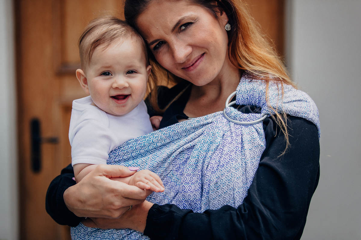 Ringsling, Jacquard Weave (60% cotton, 28% merino wool, 8% silk, 4% cashmere), with gathered shoulder - LITTLE LOVE - SUMMER SKY - long 2.1m #babywearing