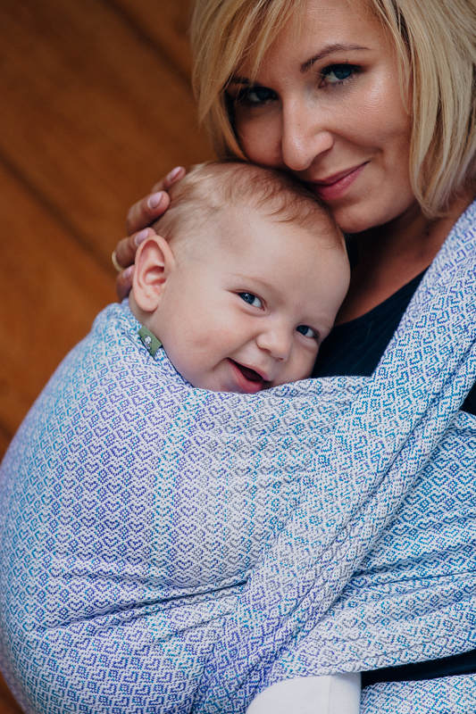 Baby Wrap, Jacquard Weave (60% cotton, 28% merino wool, 8% silk, 4% cashmere) - LITTLE LOVE - SUMMER SKY - size M #babywearing