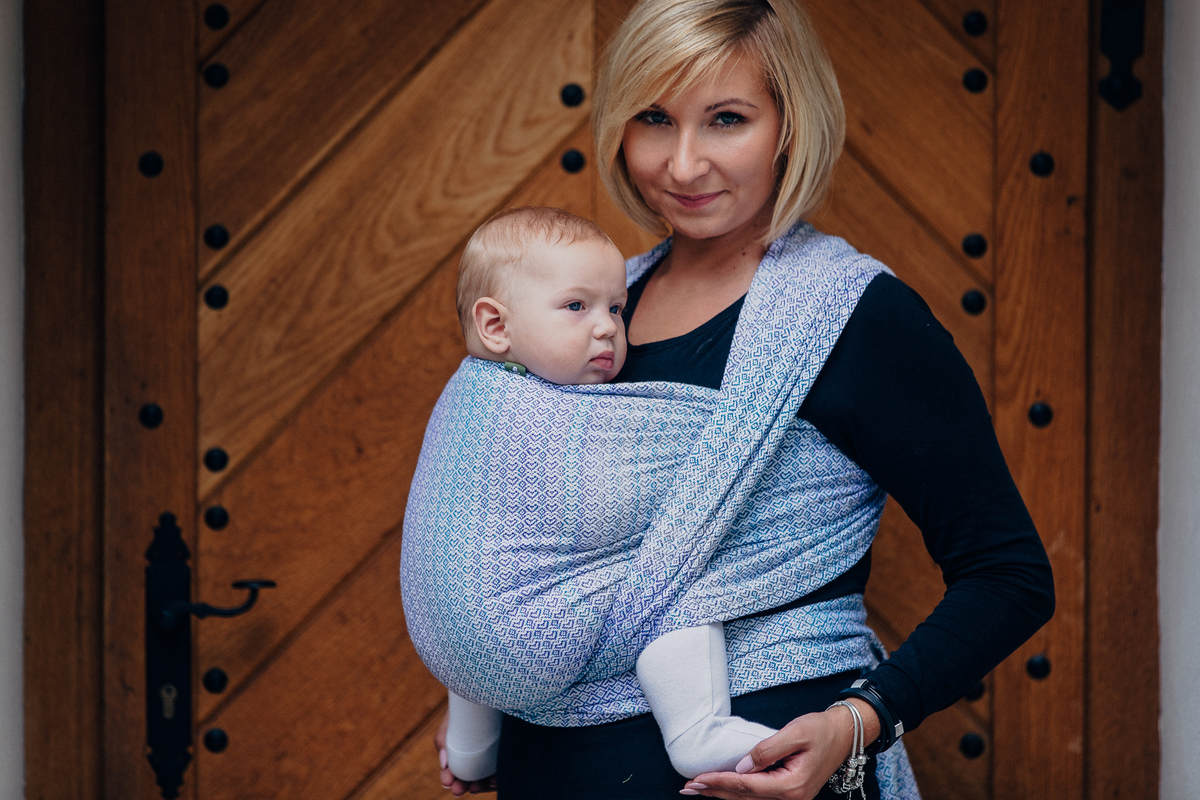 Baby Wrap, Jacquard Weave (60% cotton, 28% merino wool, 8% silk, 4% cashmere) - LITTLE LOVE - SUMMER SKY - size M #babywearing