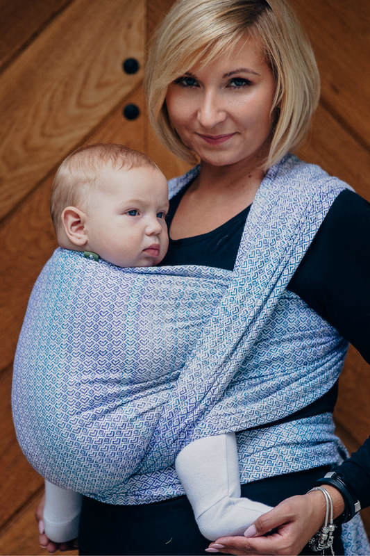 Baby Wrap, Jacquard Weave (60% cotton, 28% merino wool, 8% silk, 4% cashmere) - LITTLE LOVE - SUMMER SKY - size S (grade B) #babywearing