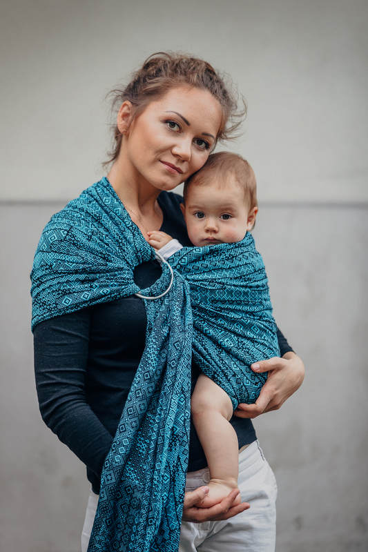 Żakardowa chusta kółkowa do noszenia dzieci, bawełna, ramię bez zakładek - ENIGMA NIEBIESKA - long 2.1m #babywearing