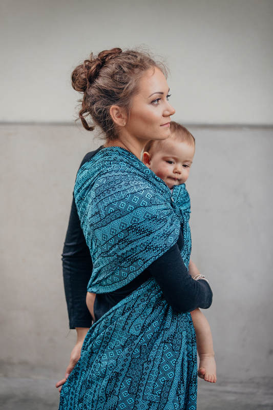 Żakardowa chusta kółkowa do noszenia dzieci, bawełna - ENIGMA NIEBIESKA - long 2.1m (drugi gatunek) #babywearing
