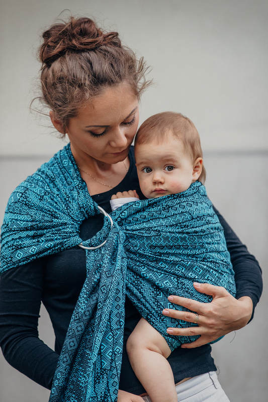 Żakardowa chusta kółkowa do noszenia dzieci, bawełna, ramię bez zakładek - ENIGMA NIEBIESKA - long 2.1m (drugi gatunek) #babywearing