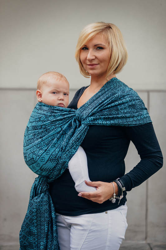 Żakardowa chusta do noszenia dzieci, bawełna - ENIGMA NIEBIESKA - rozmiar S (drugi gatunek) #babywearing