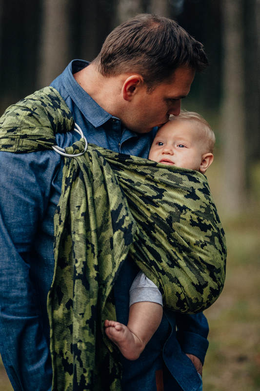 Żakardowa chusta kółkowa do noszenia dzieci, bawełna, ramię bez zakładek - ZIELONE MORO - long 2.1m #babywearing