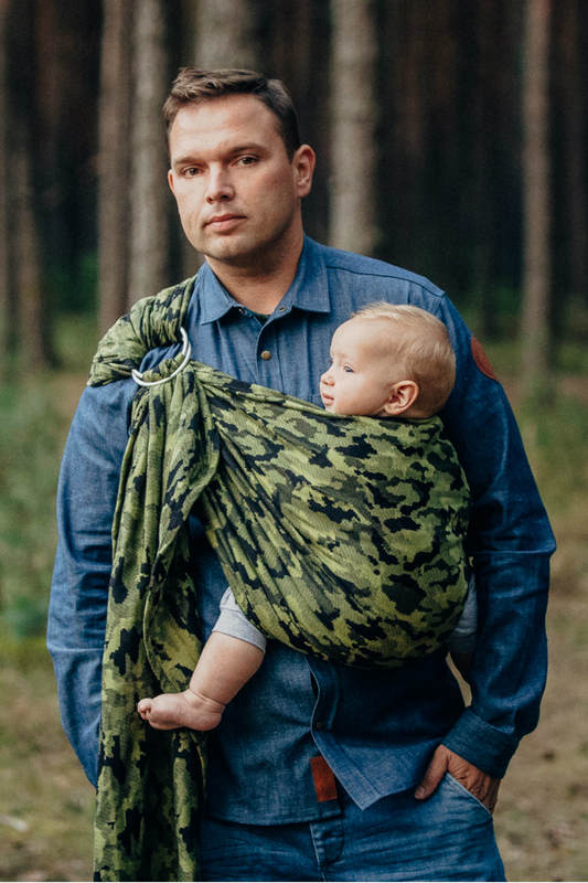Żakardowa chusta kółkowa do noszenia dzieci, bawełna, ramię bez zakładek - ZIELONE MORO - long 2.1m #babywearing