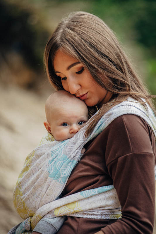 Żakardowa chusta do noszenia dzieci, 80% bawełna , 17% wełna merino, 2% jedwab, 1% kaszmir - PŁATKI STOKROTKI - rozmiar XS #babywearing