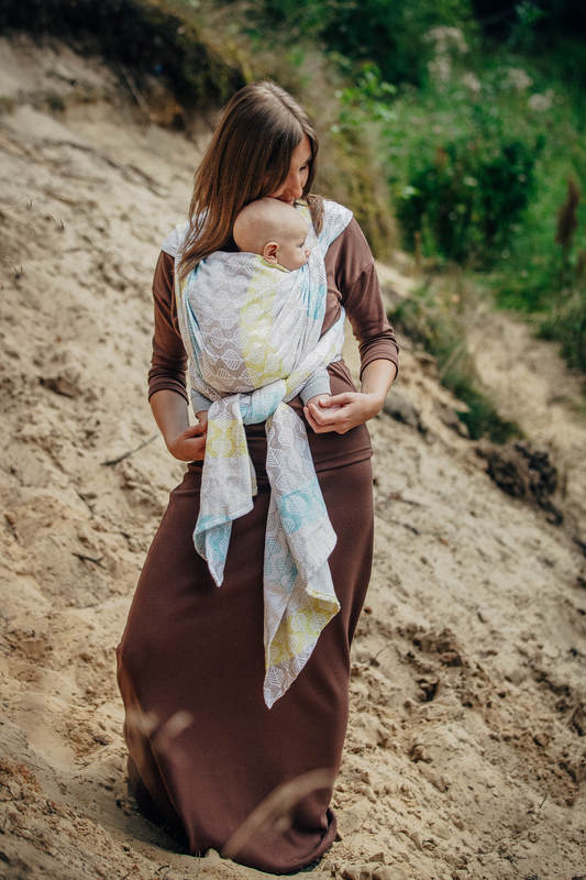 Baby Wrap, Jacquard Weave (80% cotton, 17% merino wool, 2% silk, 1% cashmere) - DAISY PETALS - size M #babywearing