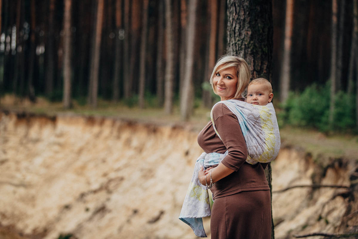 Żakardowa chusta do noszenia dzieci, 80% bawełna , 17% wełna merino, 2% jedwab, 1% kaszmir - PŁATKI STOKROTKI - rozmiar XL #babywearing