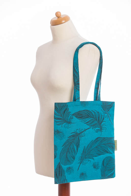 Shopping bag made of wrap fabric (100% cotton) - FEATHERS TURQUOISE & BLACK Reverse #babywearing