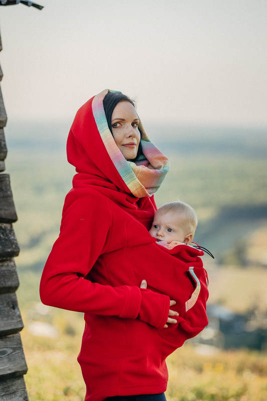 Polarowa bluza do noszenia dzieci - rozmiar M - czerwona z Małą Jodełką Wyobraźnią (drugi gatunek) #babywearing