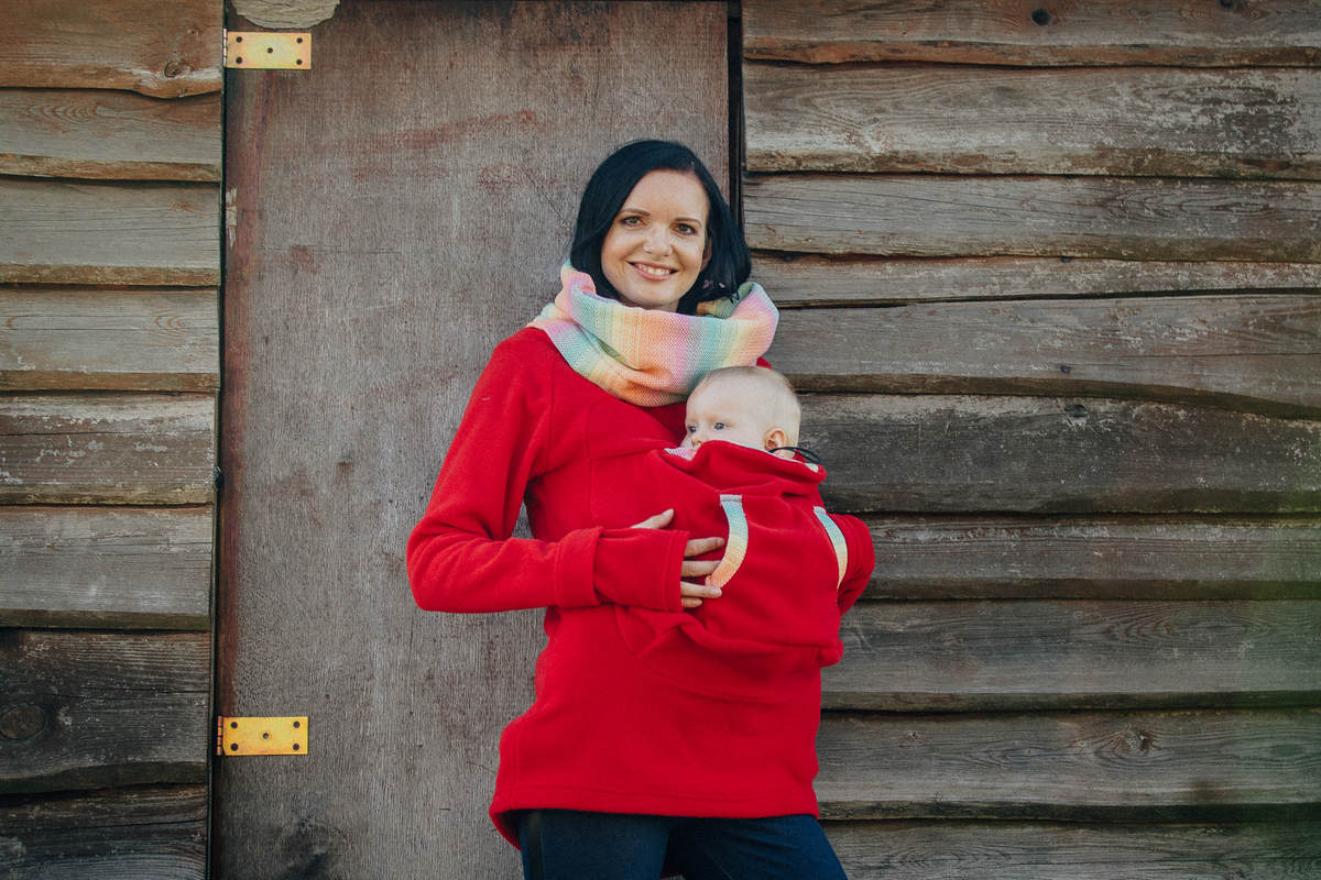 Polarowa bluza do noszenia dzieci - rozmiar XL - czerwona z Małą Jodełką Wyobraźnią #babywearing