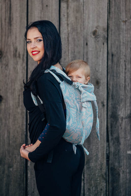 Lenny Buckle Onbuhimo baby carrier, standard size, jacquard weave (60% cotton 28% linen 12% tussah silk) - TWISTED LEAVES GREY & TURQUOISE #babywearing