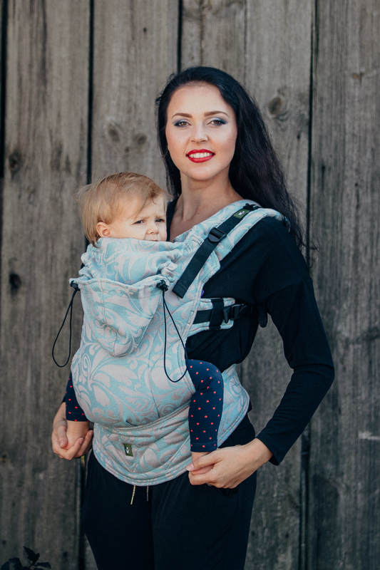 Ergonomic Carrier, Baby Size, jacquard weave 60% cotton 28% linen 12% tussah silk - TWISTED LEAVES GREY & TURQUOISE, Second Generation #babywearing