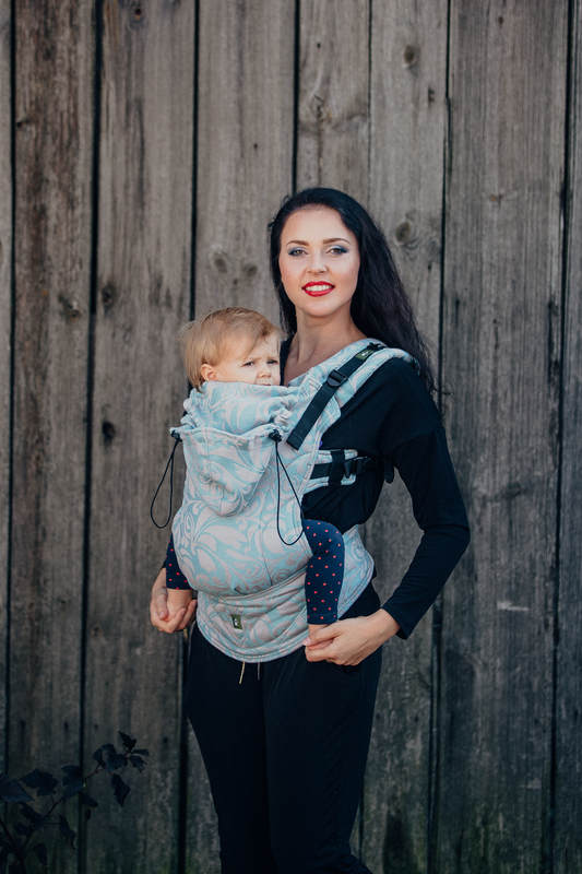 Ergonomic Carrier, Toddler Size, jacquard weave 60% cotton 28% linen 12% tussah silk - TWISTED LEAVES GREY & TURQUOISE, Second Generation #babywearing