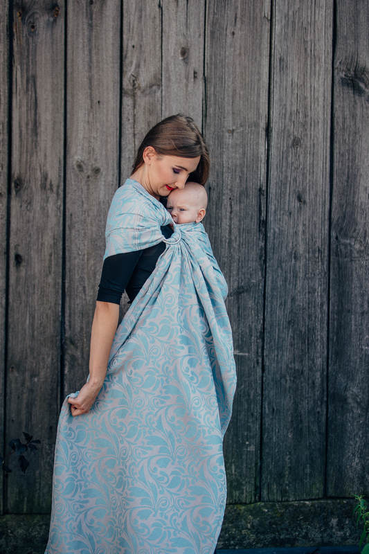 Ringsling, Jacquard Weave, with gathered shoulder(60% cotton 28% linen 12% tussah silk) - TWISTED LEAVES GREY & TURQUOISE - long 2.1m #babywearing