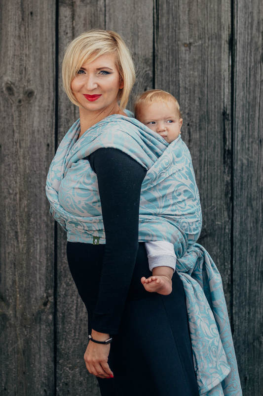 Baby Wrap, Jacquard Weave (60% cotton 28% linen 12% tussah silk) - TWISTED LEAVES GREY & TURQUOISE - size L (grade B) #babywearing