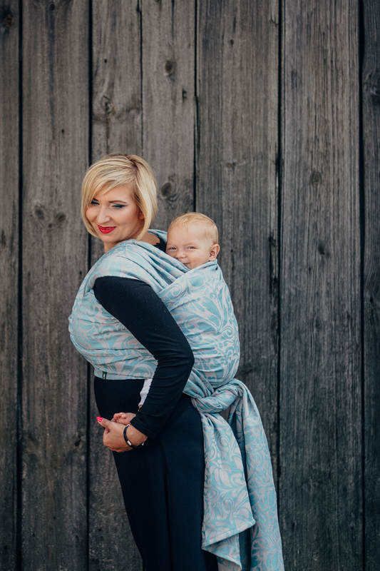 Baby Wrap, Jacquard Weave (60% cotton 28% linen 12% tussah silk) - TWISTED LEAVES GREY & TURQUOISE - size XS #babywearing