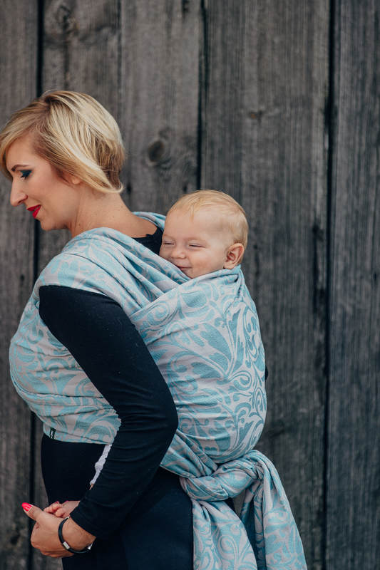 Baby Wrap, Jacquard Weave (60% cotton 28% linen 12% tussah silk) - TWISTED LEAVES GREY & TURQUOISE - size S #babywearing