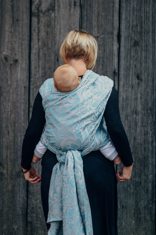 Baby Wrap, Jacquard Weave (60% cotton 28% linen 12% tussah silk) - TWISTED LEAVES GREY & TURQUOISE - size S #babywearing