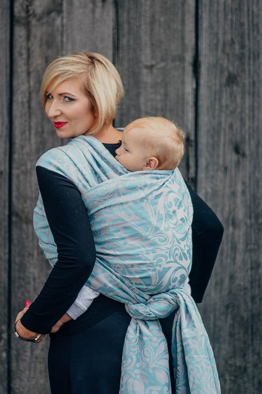 Baby Wrap, Jacquard Weave (60% cotton 28% linen 12% tussah silk) - TWISTED LEAVES GREY & TURQUOISE - size L (grade B) #babywearing